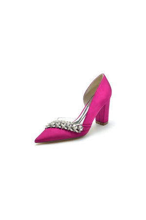 Chic Satin Pointed Toe Slip - on Chunky Heels With Rhinestone - KissProm