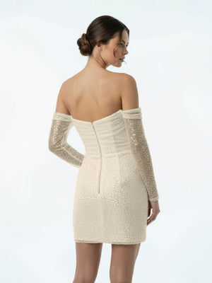 Aelia | Chic Short Sequined Backless Wedding Dress With Long Detachable Sleeves - KissProm