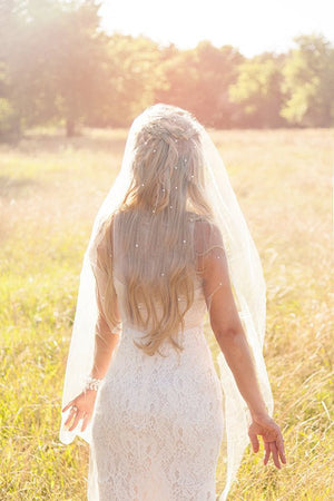 Vintage Tulle With Pearls Short Wedding Veil - KissProm