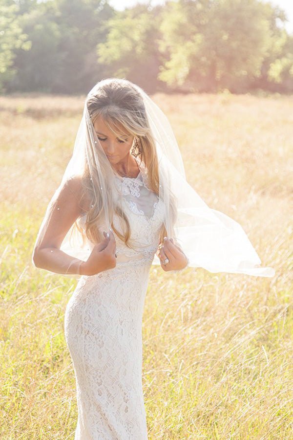 Vintage Tulle With Pearls Short Wedding Veil - KissProm