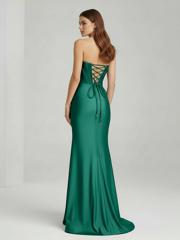 Chime | Green - Mermaid Strapless Satin Long Prom Dresses With Beading - KissProm