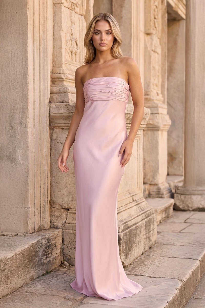 Ruched Strapless Pink Long Prom Dress – Prom Dresses by KissProm | Available at KissProm