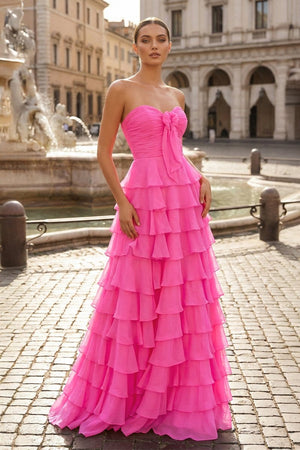 Chiffon Fuchsia Sweetheart Tiered Ruffles Prom Dress with Slit - KissProm