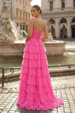 Chiffon Fuchsia Sweetheart Tiered Ruffles Prom Dress with Slit - KissProm