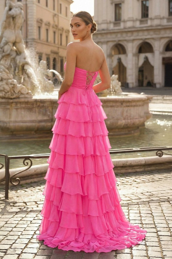 Chiffon Fuchsia Sweetheart Tiered Ruffles Prom Dress with Slit - KissProm
