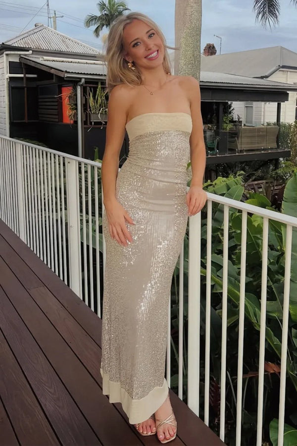 Sage Sheath Strapless Sequined Long Prom Dresses – Prom Dresses by KissProm | Available at KissProm