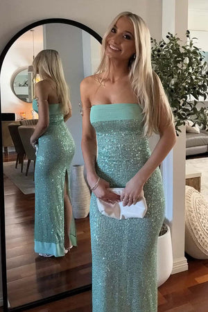 Sage Sheath Strapless Sequined Long Prom Dresses – Prom Dresses by KissProm | Available at KissProm