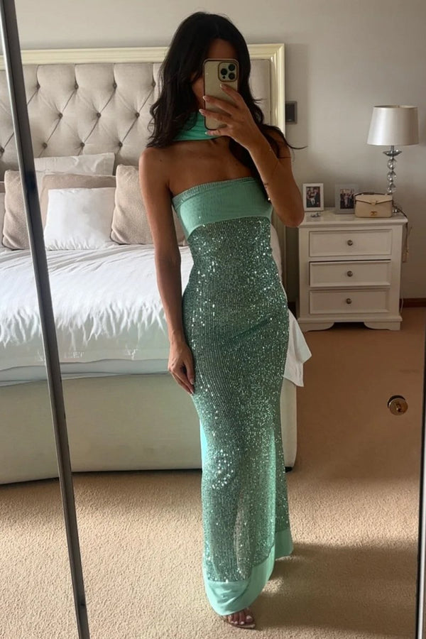 Sage Sheath Strapless Sequined Long Prom Dresses – Prom Dresses by KissProm | Available at KissProm