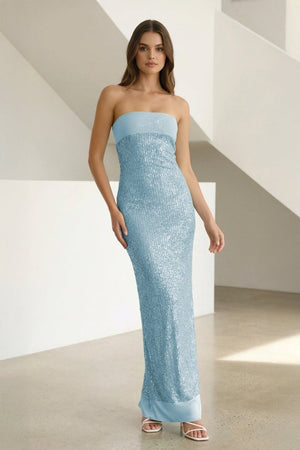 Sage Sheath Strapless Sequined Long Prom Dresses – Prom Dresses by KissProm | Available at KissProm