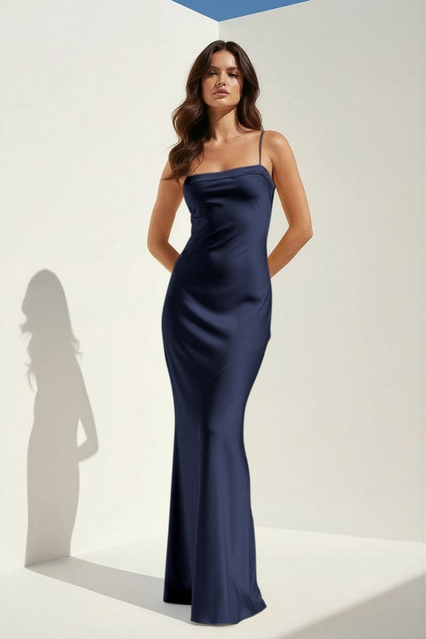 Clarisse | Yellow - Spaghetti Straps Sheath Satin Open Back Long Prom Dresses - KissProm