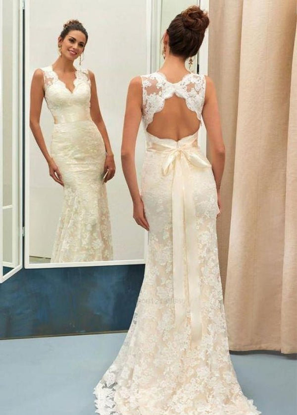 Classic Mermaid V-Neck White Lace Backless Wedding Bridal Dress – Wedding Dresses by KissProm | Available at KissProm