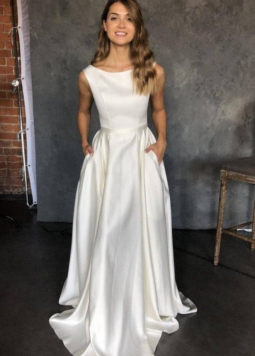 Pure White Satin Sleeveless Bridal Dresses with Pockets – Wedding Dresses by KissProm | Available at KissProm