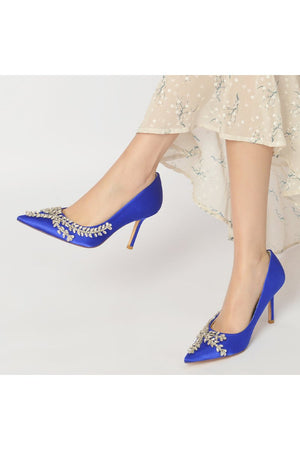 Cocktail Pointed Toe Crystal Satin High Heels - KissProm