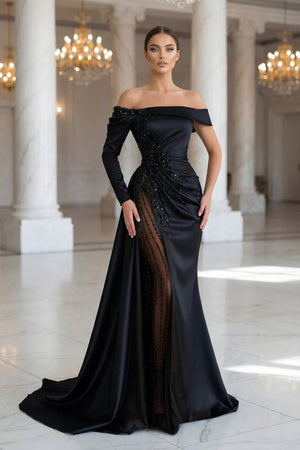 Sheath Off - The - Shoulder Long Sleeves Satin/Sequined Prom Dresses - KissProm