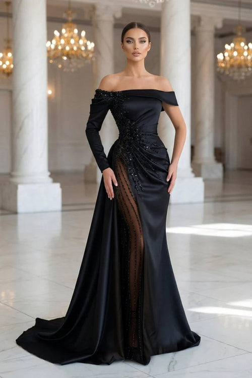 Sheath Off - The - Shoulder Long Sleeves Satin/Sequined Prom Dresses - KissProm