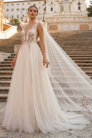 A - line Tulle Embroidery Deep - V Neck Floor - Length Prom Dresses - KissProm