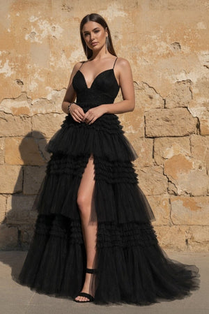 Tulle Deep V Neck Spaghetti Straps Long Prom Dress – Prom Dress by KissProm | Available at KissProm