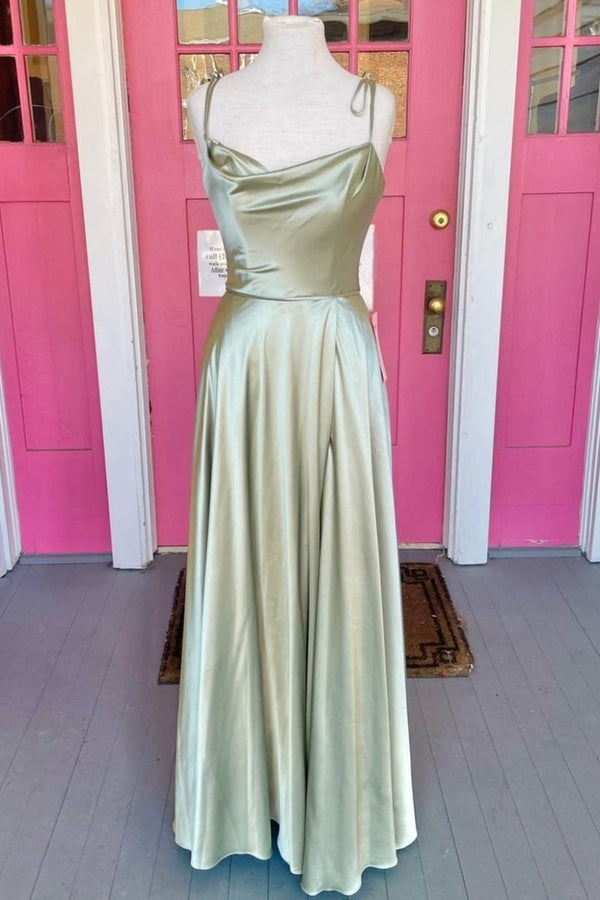 Vienna | Simple Satin Long A - Line Prom Dress Spaghetti Straps Evening Dress - KissProm