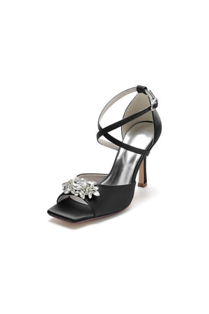 Crystal Buckle Square Open Toe Cross Straps Chunky Heels - KissProm