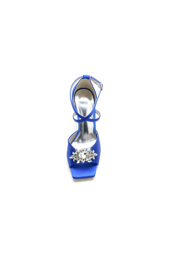 Crystal Buckle Square Open Toe Cross Straps Chunky Heels - KissProm