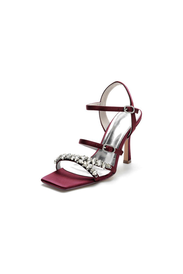 Crystal Buckle Straps Square Open Toe Chunky Heels - KissProm
