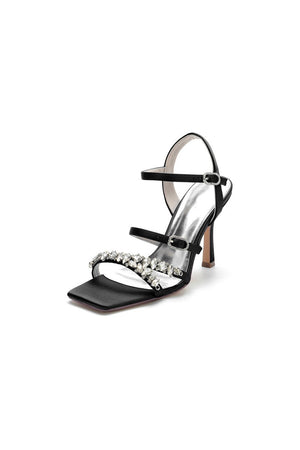 Crystal Buckle Straps Square Open Toe Chunky Heels - KissProm