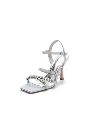 Crystal Buckle Straps Square Open Toe Chunky Heels - KissProm