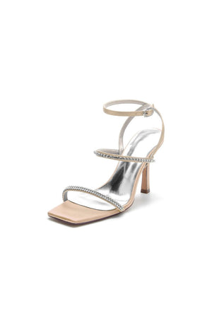 Crystal Cross Straps Square Open Toe Chunky Heels - KissProm