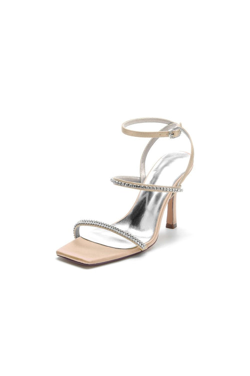 Crystal Cross Straps Square Open Toe Chunky Heels - KissProm