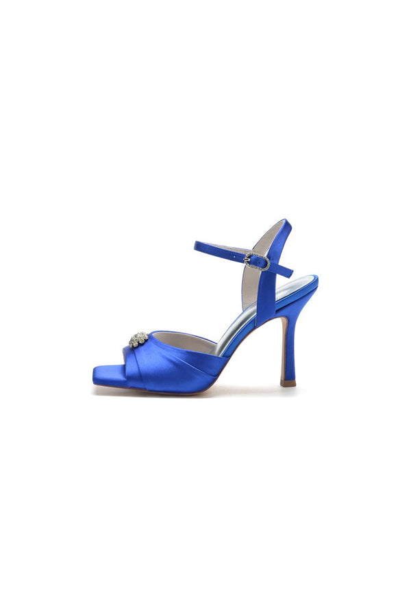 Crystal Flower Square Open Toe Cross Straps Chunky Heels - KissProm