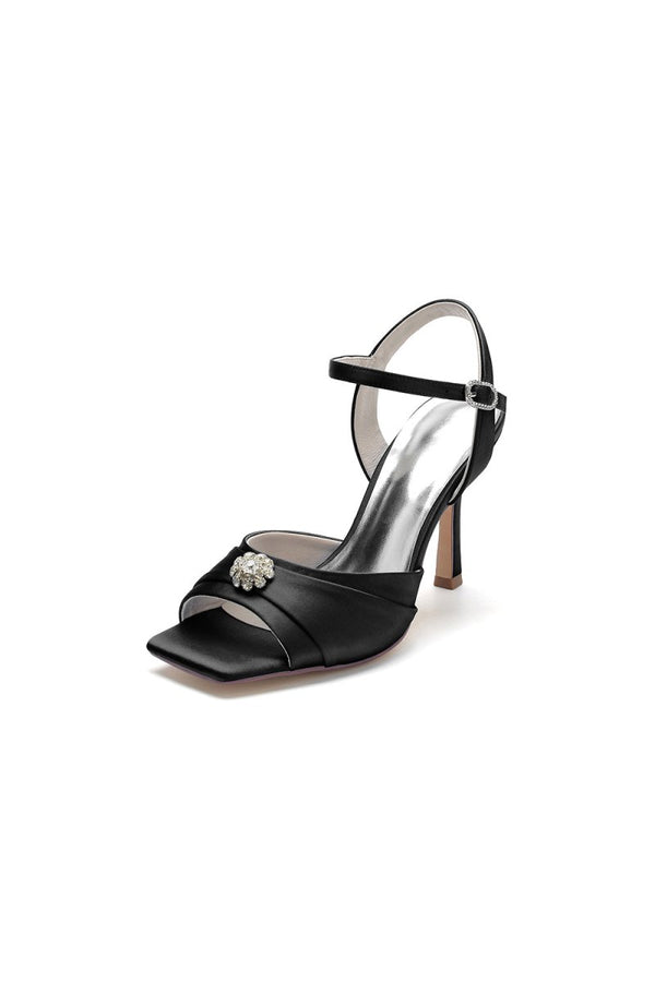 Crystal Flower Square Open Toe Cross Straps Chunky Heels - KissProm