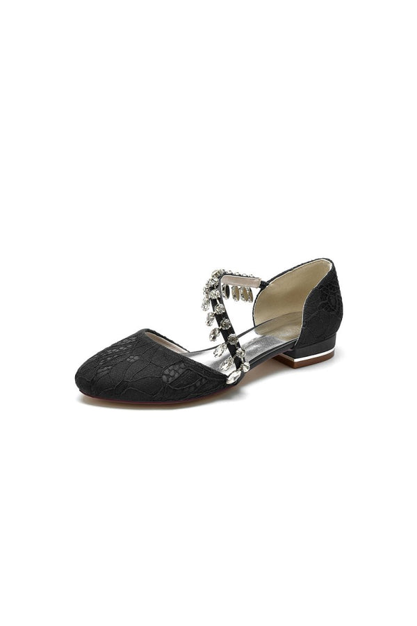 Crystal Strap Lace Round Toe Flats - KissProm