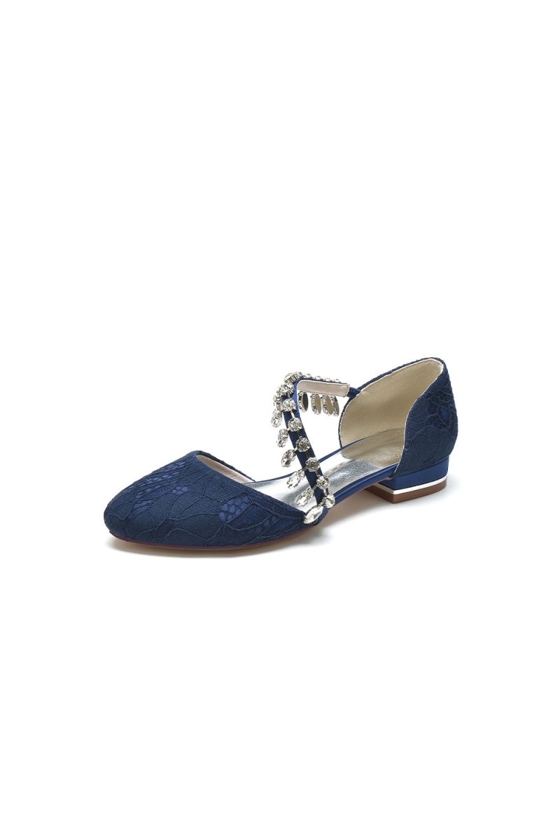 Crystal Strap Lace Round Toe Flats - KissProm