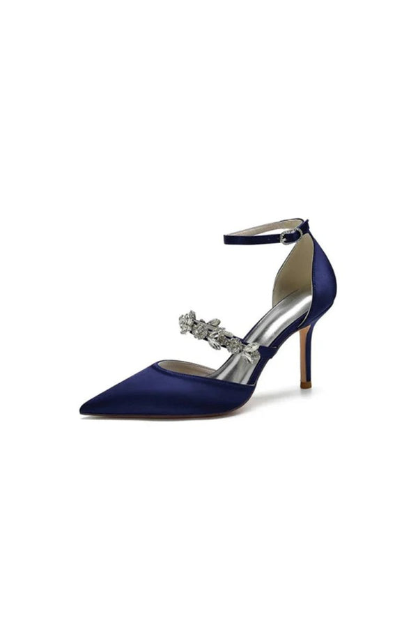 Crystal Strap Pointed Toe Satin High Heels - KissProm