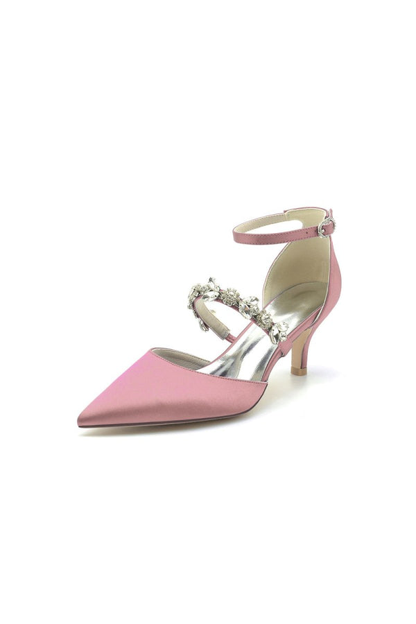 Crystal Strap Pointed Toe Satin Kitten Heels - KissProm