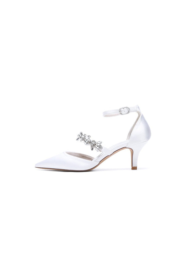 Crystal Strap Pointed Toe Satin Kitten Heels - KissProm
