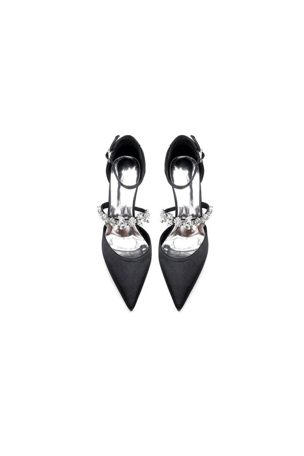 Crystal Strap Pointed Toe Satin Kitten Heels - KissProm