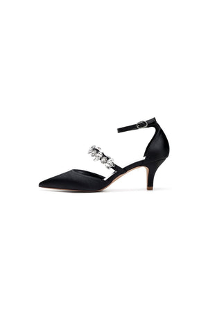 Crystal Strap Pointed Toe Satin Kitten Heels - KissProm
