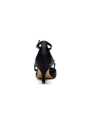 Crystal Strap Pointed Toe Satin Kitten Heels - KissProm