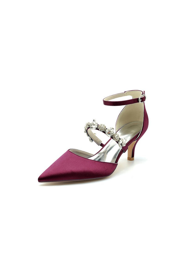 Crystal Strap Pointed Toe Satin Kitten Heels - KissProm