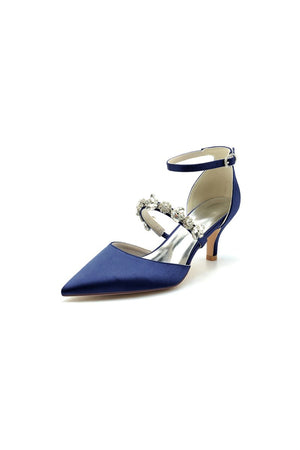 Crystal Strap Pointed Toe Satin Kitten Heels - KissProm