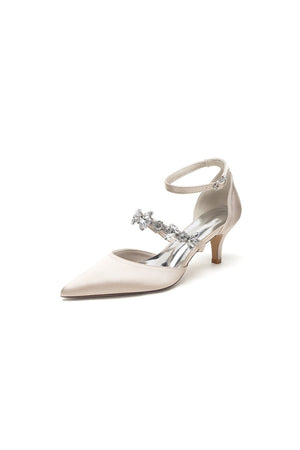Crystal Strap Pointed Toe Satin Kitten Heels - KissProm