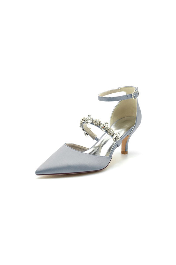 Crystal Strap Pointed Toe Satin Kitten Heels - KissProm