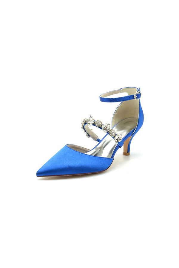 Crystal Strap Pointed Toe Satin Kitten Heels - KissProm
