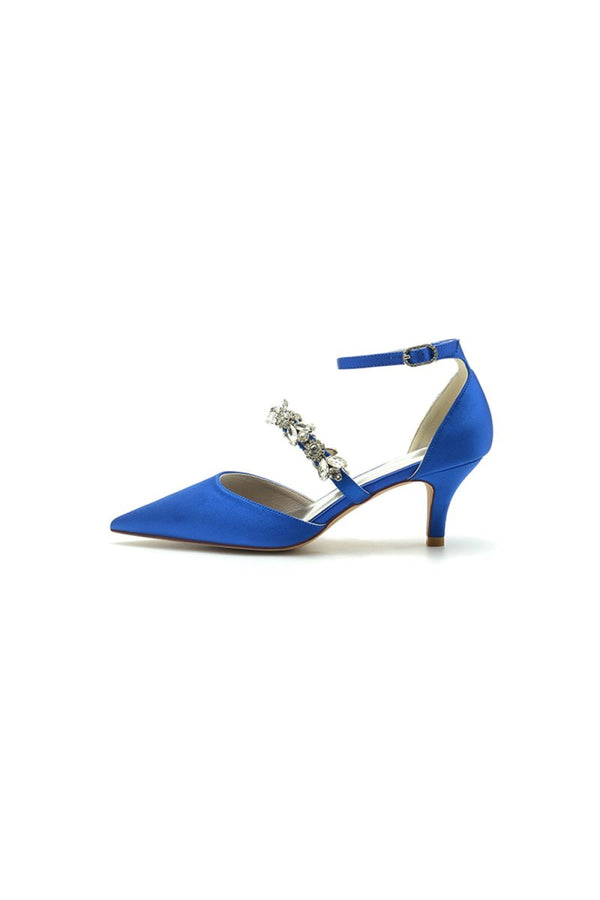 Crystal Strap Pointed Toe Satin Kitten Heels - KissProm