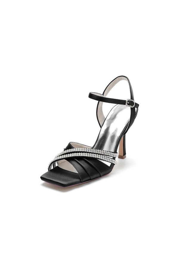 Crystal Straps Square Open Toe Chunky Heels - KissProm