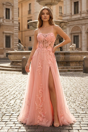 Coral Spaghetti - Straps A Line Tulle Prom Dress With Appliques - KissProm
