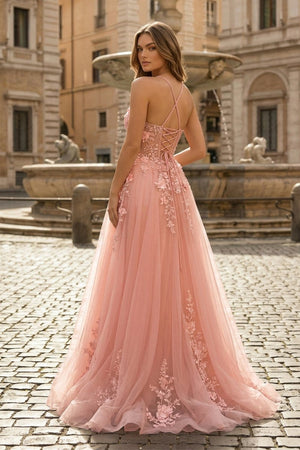 Coral Spaghetti - Straps A Line Tulle Prom Dress With Appliques - KissProm