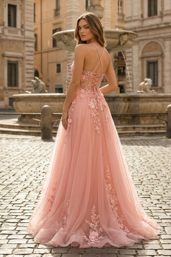 Coral Spaghetti - Straps A Line Tulle Prom Dress With Appliques - KissProm