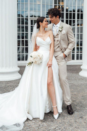 Elegant A-Line Strapless White Satin Wedding Dresses With Slit